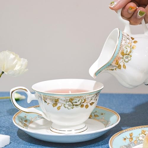 Miniatura 4 de Juego de té de porcelana de hueso, juego de té de porcelana de 21 piezas para adultos, tazas de té y platillos para 6, con tetera, cucharas,