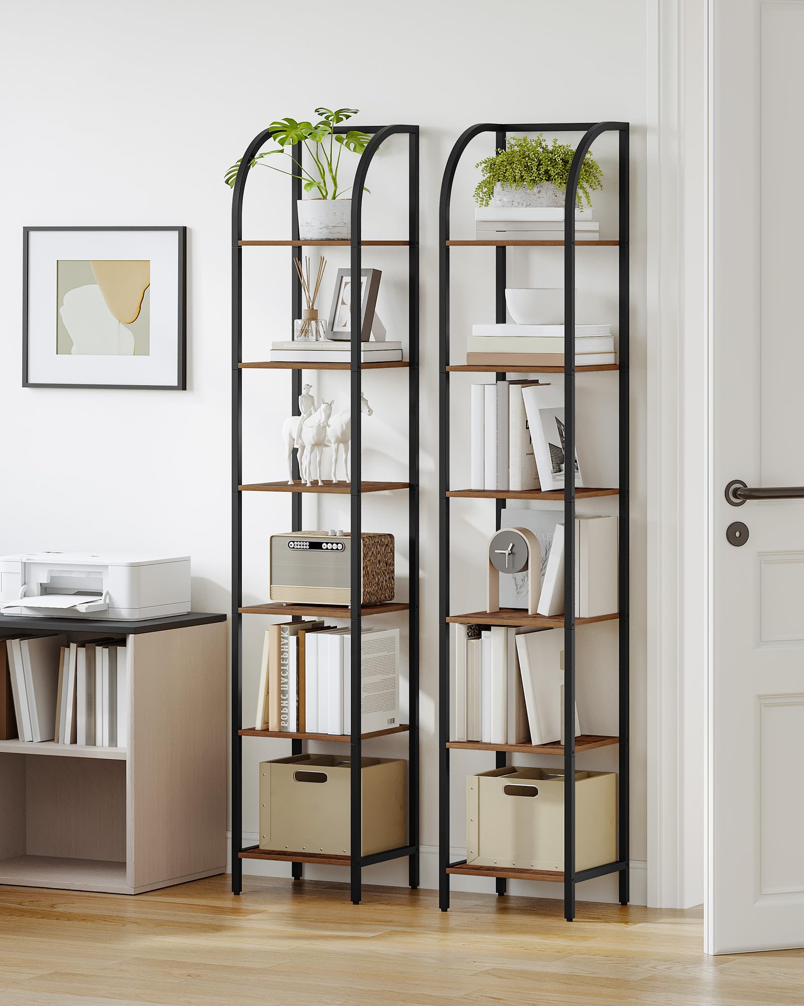 Hzuaneri Libreria Alta a 6 Ripiani, Scaffale Aperto, Struttura In Metallo, Stile Industriale, 30 x 30 x 178,6 cm, Adatta Per Studio, Soggiorno, Camera Da Letto, Cucina, Marrone Rustico BC56001B