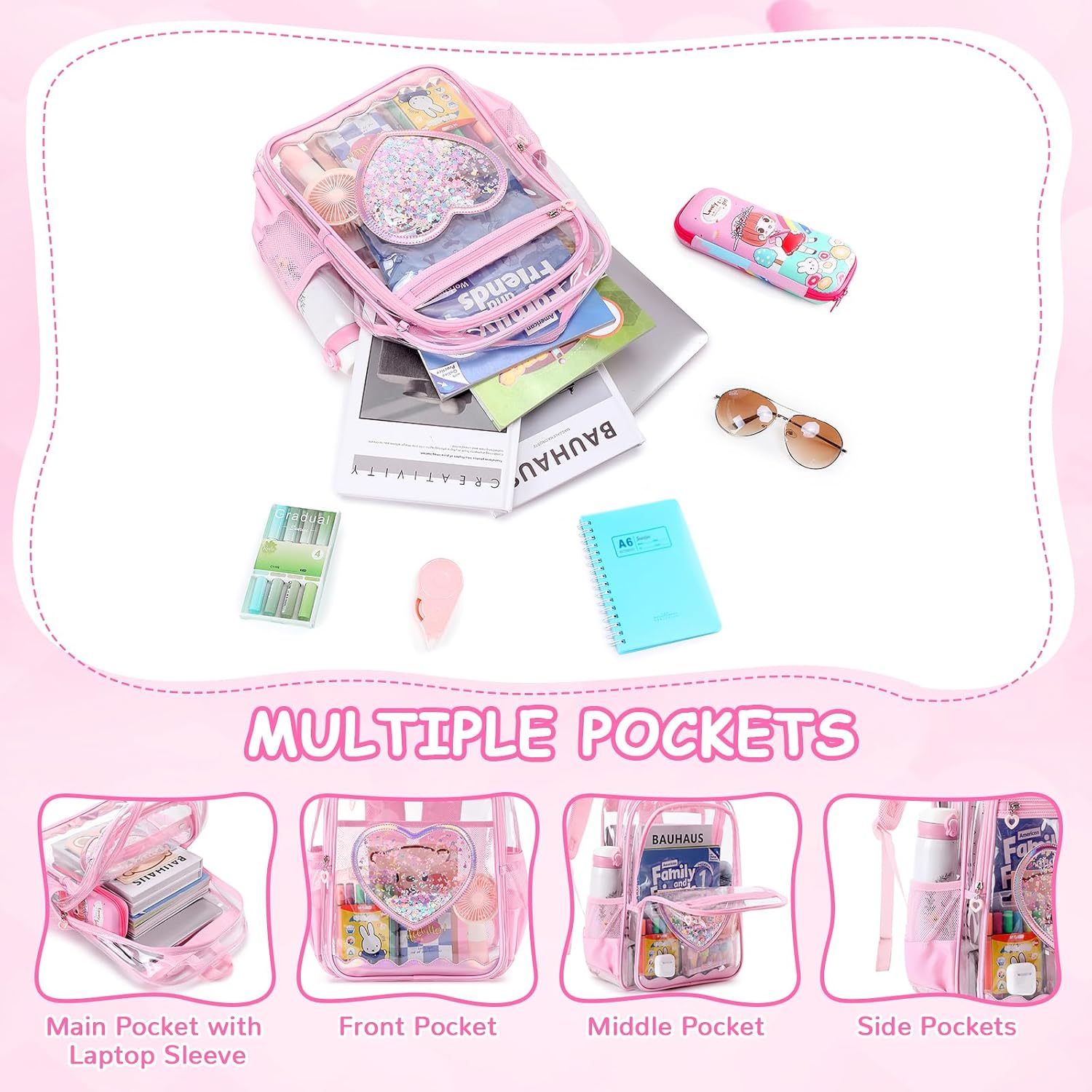 Clear Backpack, Heavy Duty Thick TPU Clear Bookbag, Transparent Bookbag Stadium Events, See Through Large Ergonomic Backpack for School Kids Girls Women Travel Security College Concert, Pink - Image 3