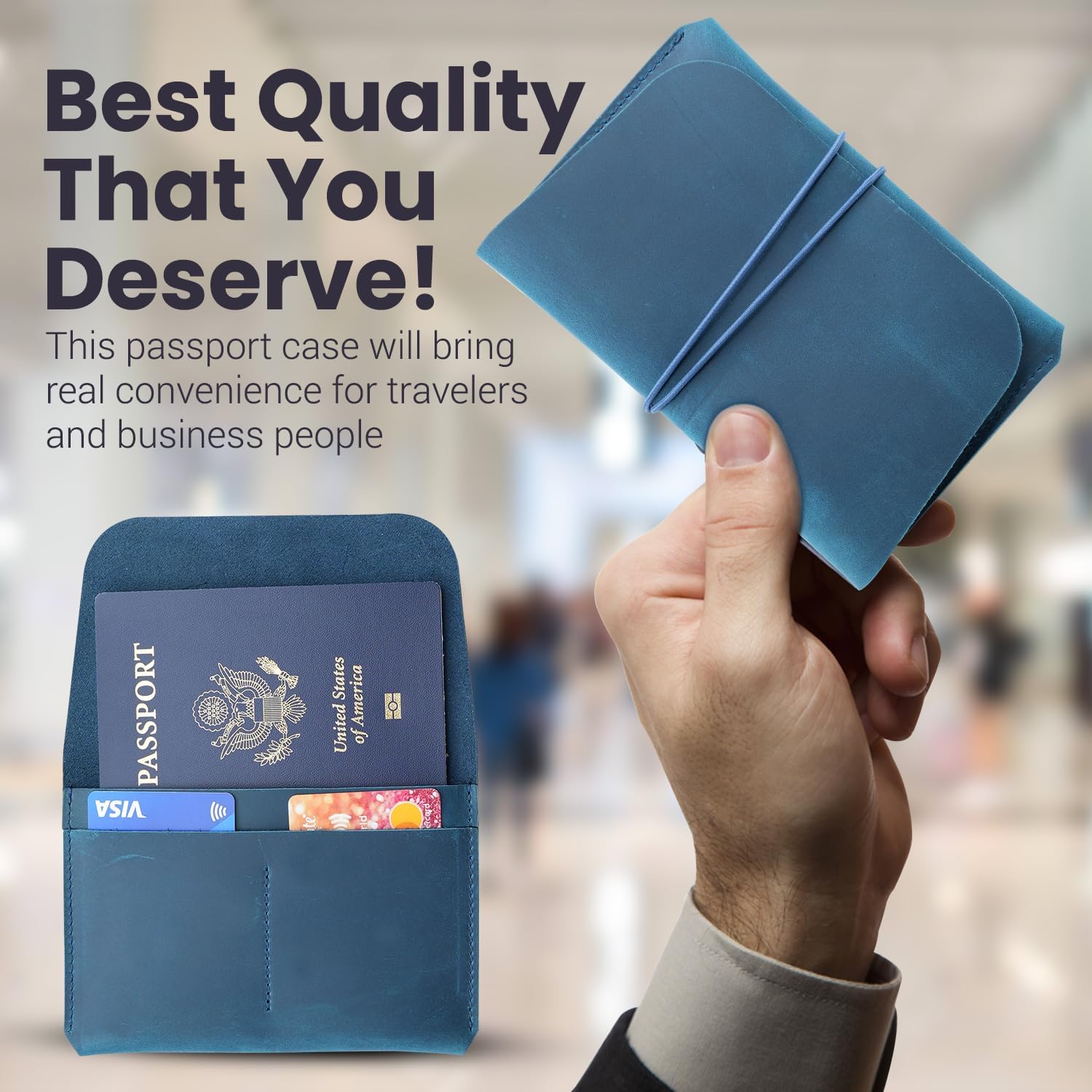 Leather Passport Holder with Travel Wallet, Genuine Leather Passport Cover- Passport Wallet, Leather Folding Wallet for Passports (Strap, Blue)