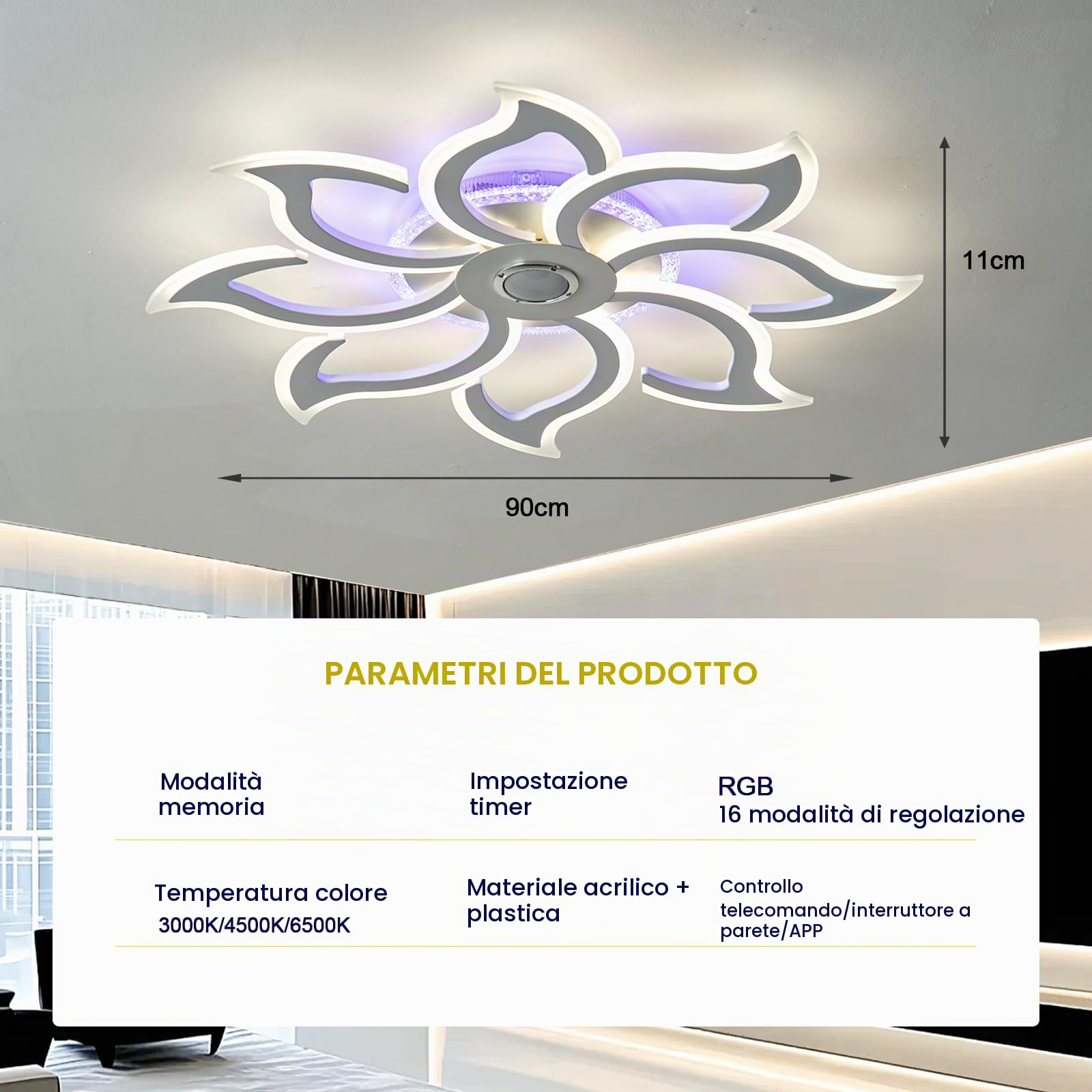 Plafoniera RGB con Altoparlante Bluetooth Lampada da Soffitto a Led 90cm Dimmerabile Per Camera da Letto e Soggiorno con Telecomando e Funzione Memoria Moderne lampadario Fiore con App Bianco
