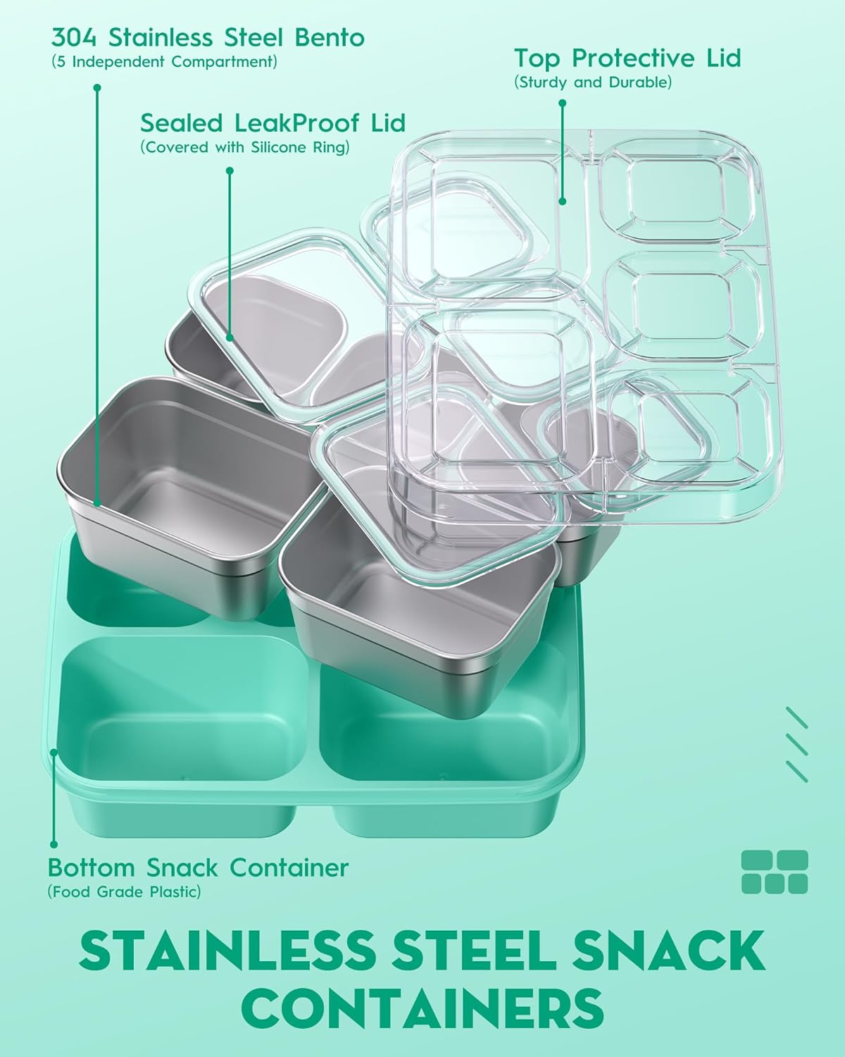 BiuLeon Snackle Box Containers, Stainless Steel 5 Compartments Divided Serving Tray with Lid, Removable LeakProof Portable Bento Box for Fruit Candy Nuts Food - School, Picnic and Travel（Green）