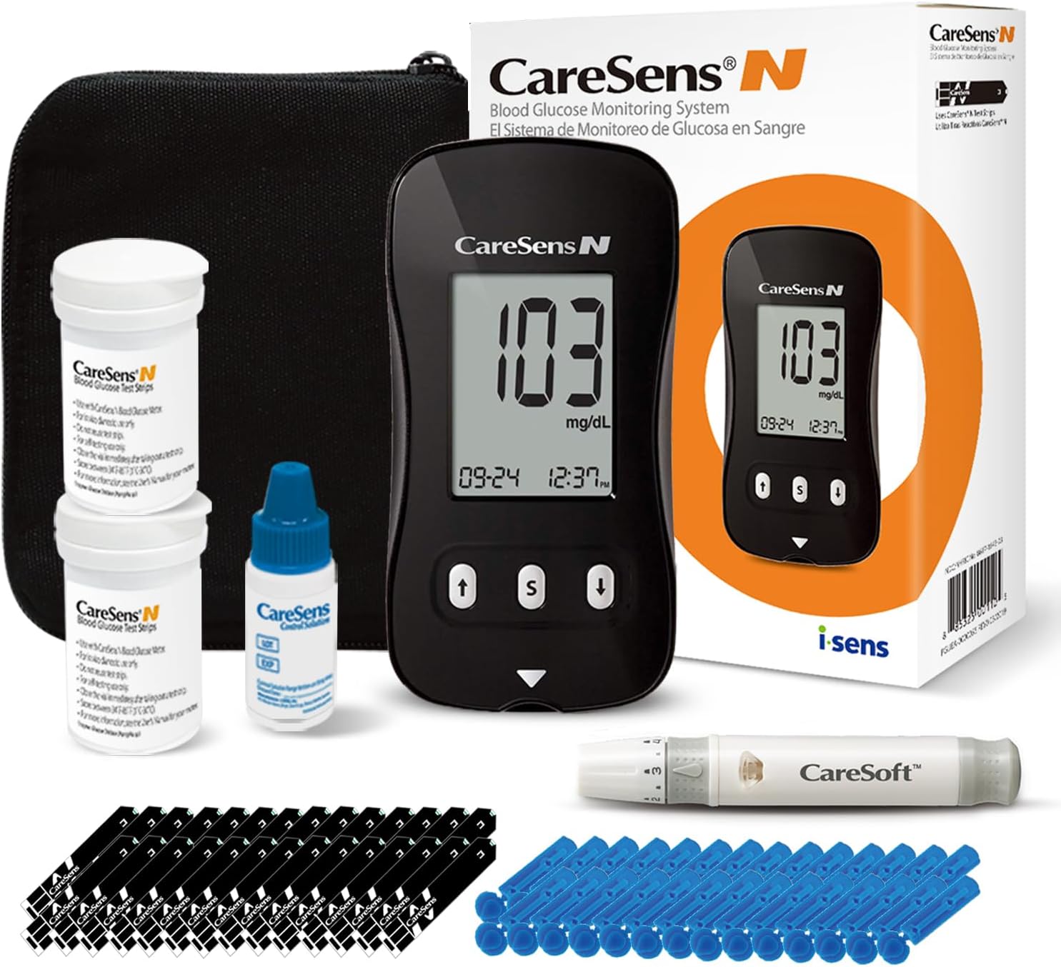CareSens N Blood Glucose Monitor Kit with 100 Blood Sugar Test Strips, 100 Lancets, 1 Blood Glucose Meter, 1 Lancing Device, 1 Control Solution, Travel Case for Diabetes Testing for Personal Use
