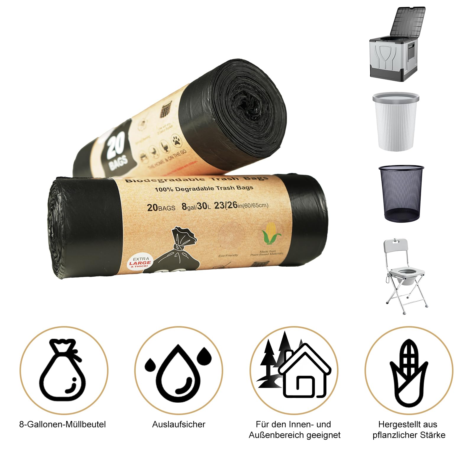 Lot de 100 sacs de toilette de camping, noirs, 30 l, biodégradables, pour la randonnée, toutes les toilettes de camping, étanches, extra épais, accessoires de toilette séparables