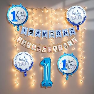 Party Propz 1St Birthday Decoration Items - 8 Pcs, 12 Months Photo Banner For Birthday (Cardstock) | I Am One Banner For Boys | First Birthday Decorations Boy | Birthday Decorations 1 Year, Blue