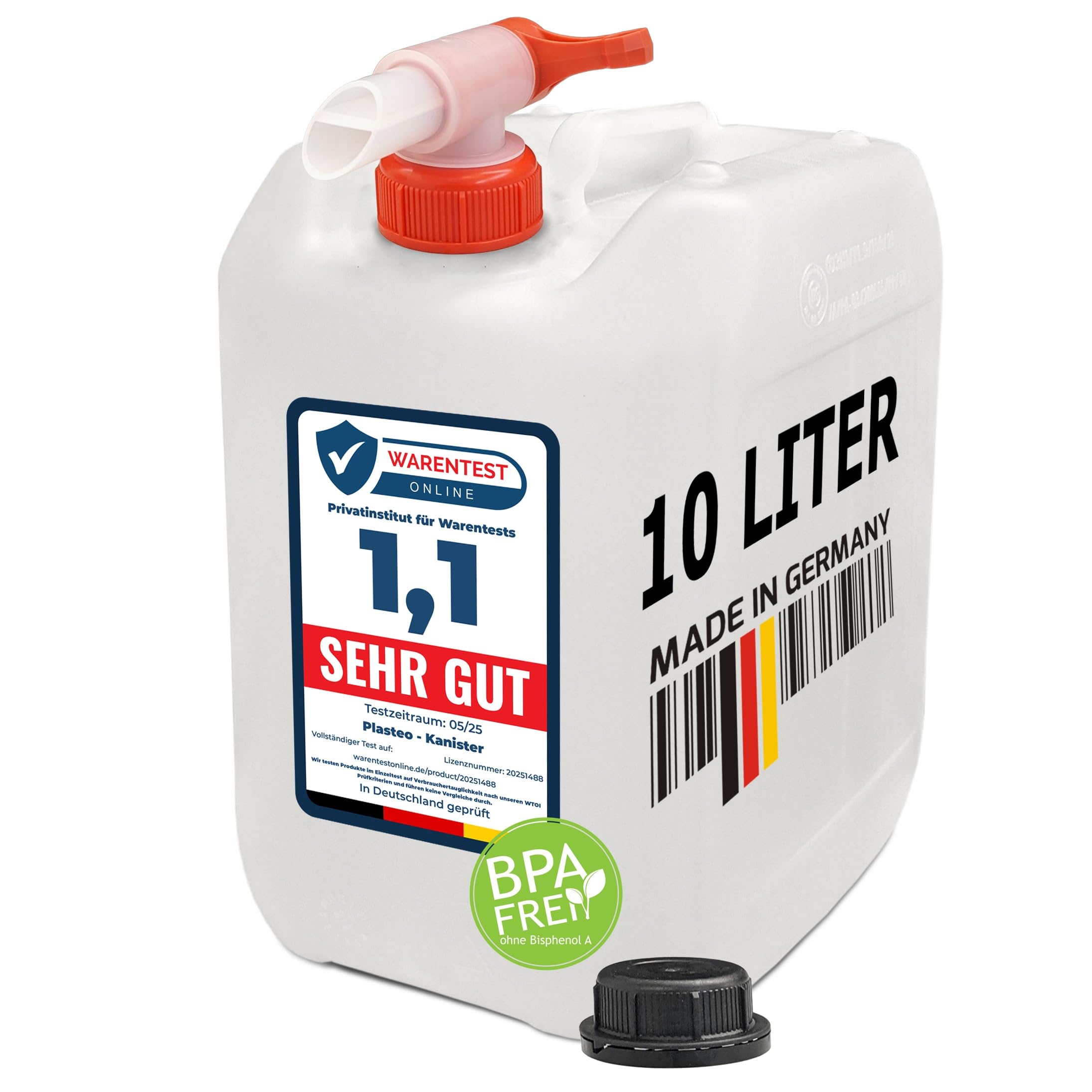 plasteo® 10 Liter Getränke- Wasserkanister Natur mit Hahn und Schraubdeckel | BPA Frei | Lebensmittelecht