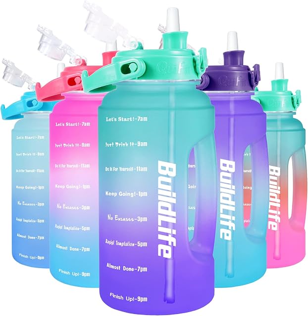 BuildLife 2.2 Litre Water Bottle - Removable Straw & Motivational Time Markings BPA Free Leakproof Resuable Large Sports Drinks Half Gallon Water Jug for Gym Travel School (2.2 Litre, Green Purple)