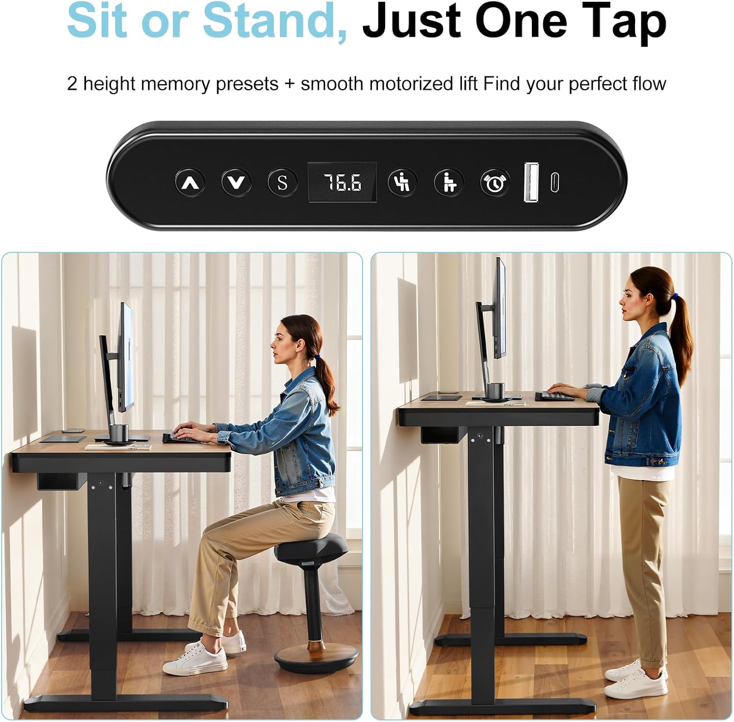 Electric Standing Desk with Drawer and Wireless Charging, 48 Inch Sit Stand Desk with USB Charging Station, Hidden Cable Management Tray, Height Adjustable Computer Desk for Home Office, Walnut