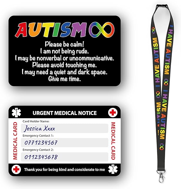 Autism Awareness Medical Card, Autism Card with Writable Panel and Patterned Lanyard, Autism Emergency Contact Card. (Autism Card & Autism Lanyard)