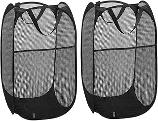 WD&CD Panier à Linge [Lot de 2] Corbeilles à Linge Pliable Pop Up en Maille Filet Sac à Linge Panier à Linge Pliable avec Manipuler, Noir