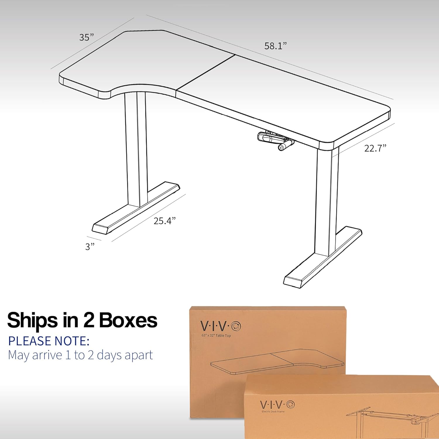 Diagram showing the dimensions of the VIVO DESK-KIT-MBRB desk and indicating it ships in two boxes
