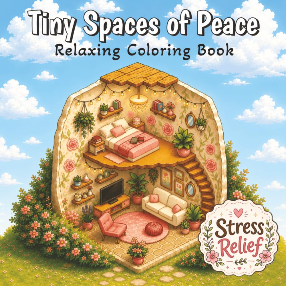 Tiny Spaces of Peace: A relaxing coloring book with peaceful scenes and beautiful rooms for stress relief, suitable for kids and adults