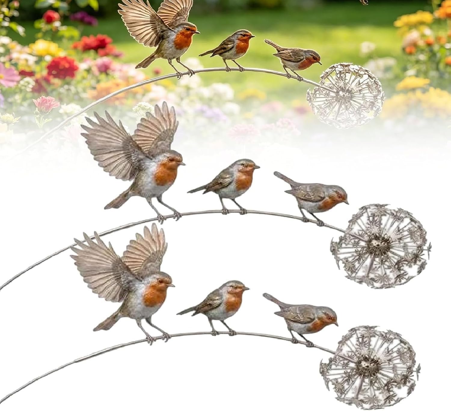 Robin Garden Stake, Metal Robin Memorial Garden Ornament Sculpture, Rustic Robin Bird Yard Art Decorations with Dandelion Accent, for Lawn Patio Flower Bed and Backyard, Memorial Gift，2PCS