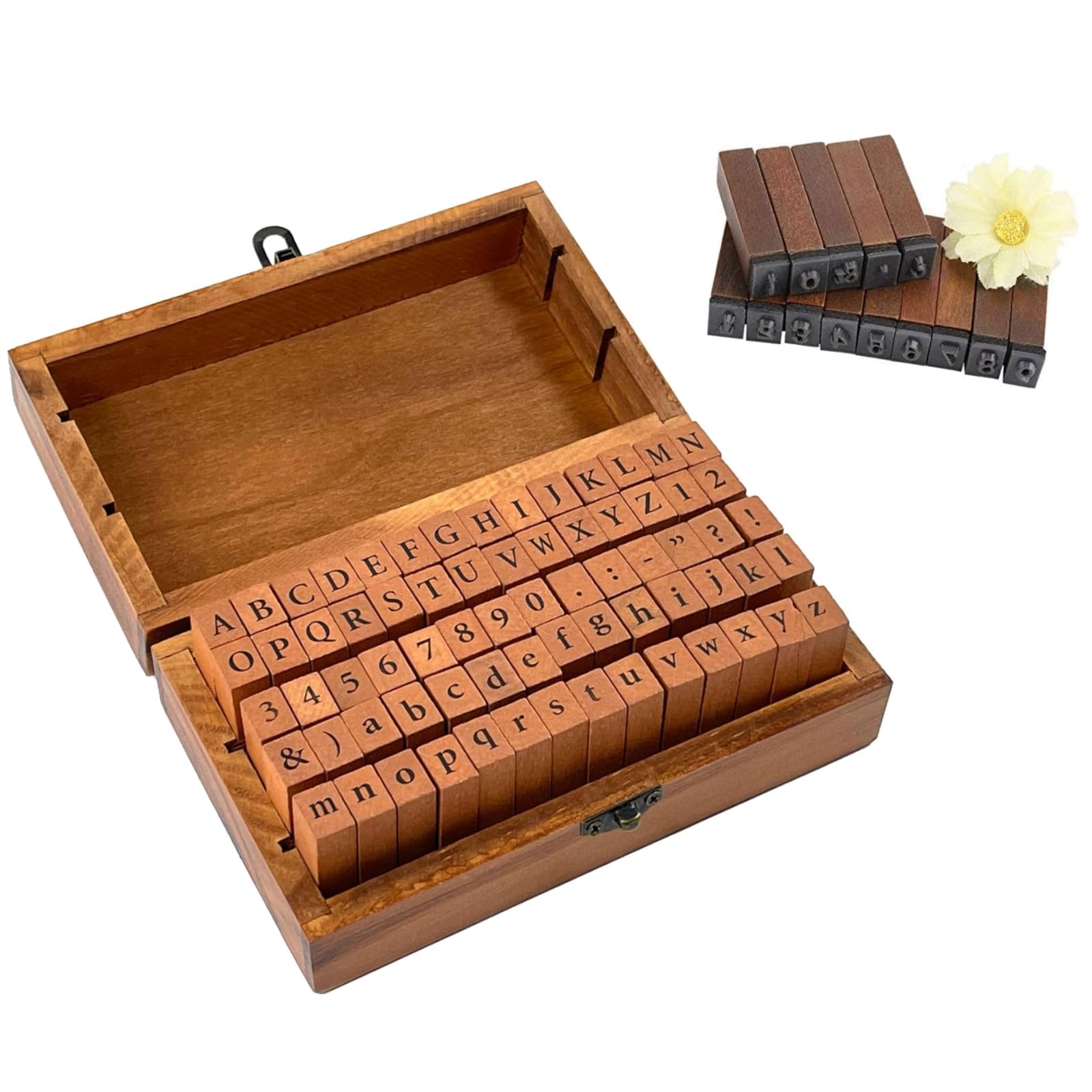 Gearmax Legno Rubber Stamp Box 70 Pezzi Francobolli Numero Lettera Set Vintage