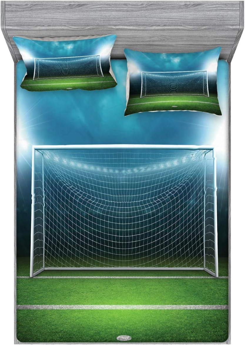 Ambesonne Soccer Fitted Sheet & Pillow Sham Set, Soccer Goal Post Sports Area Winner Loser Line Floodlit Best Team Finals Game Theme, Decorative Printed 3 Piece Bedding Decor Set, Full, Aqua Green