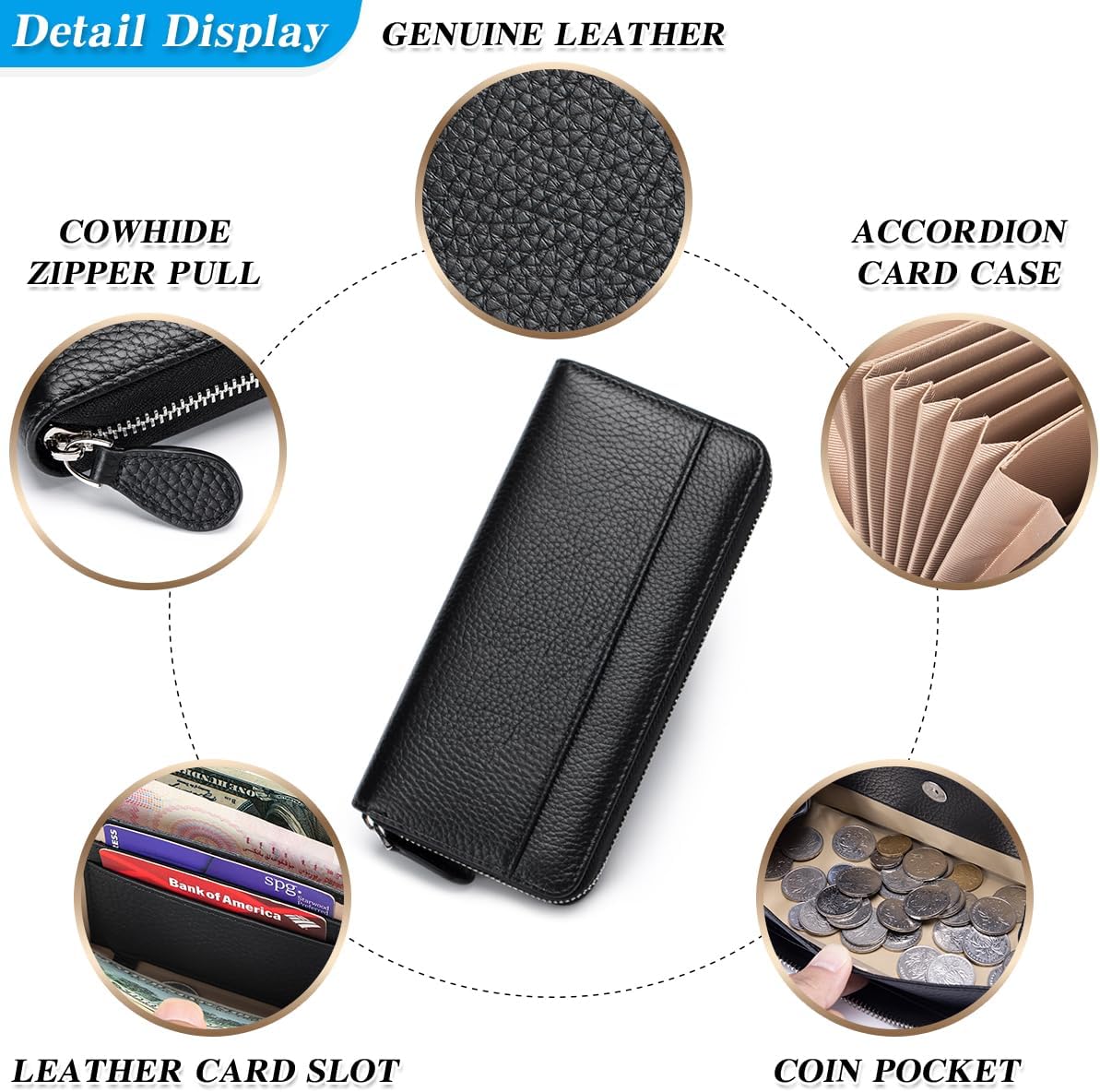 Wallets for Women RFID Blocking Real Leather Extra Long Large Capacity Zipper Clutch Wallet with 18 Card Slots, Black - Image 5
