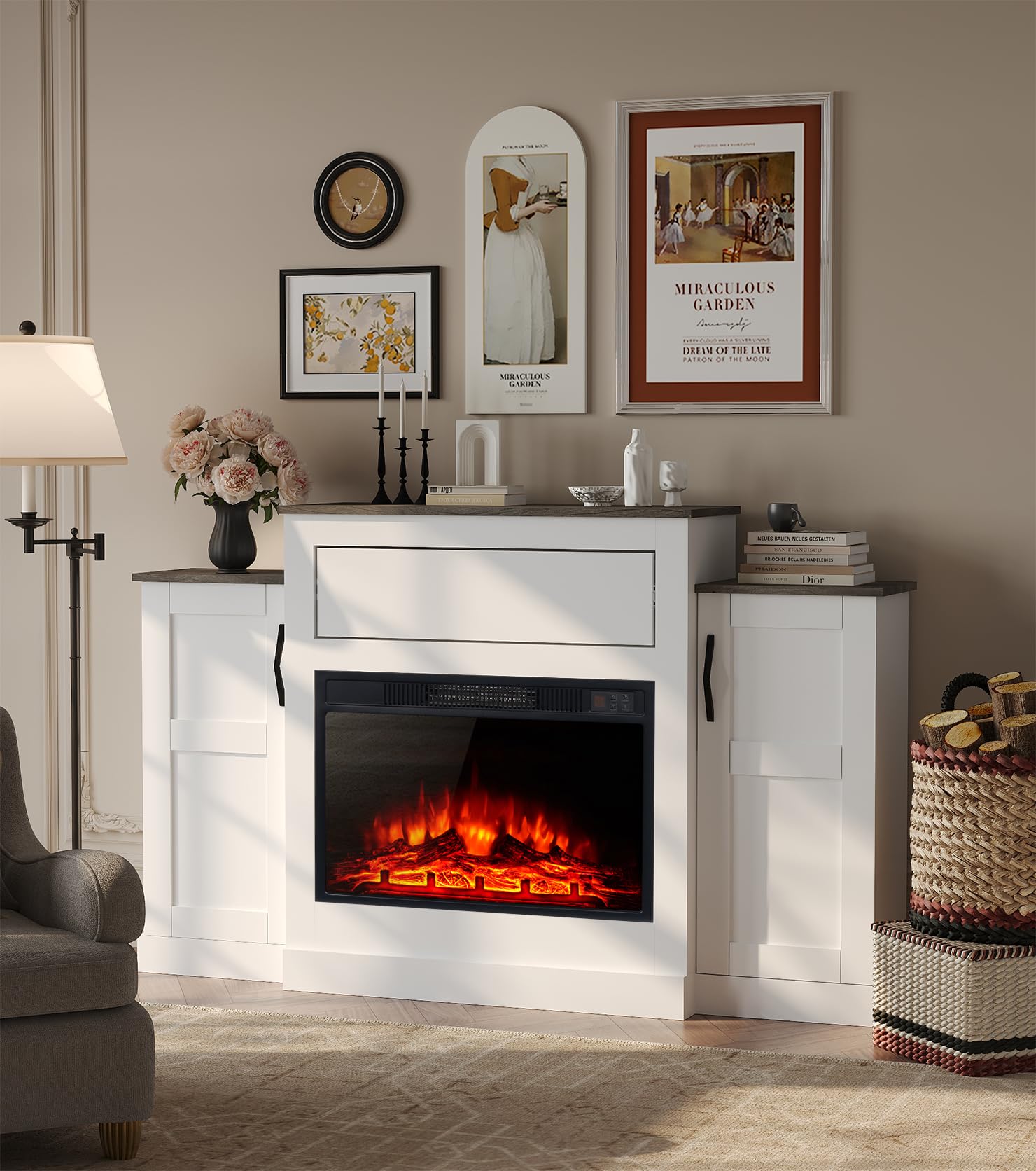 Elektrischer Kamin mit TV-Halterung, Entertainment-Center mit 23-Zoll-Heizung, Schublade mit Drucköffnung und Fernbedienung, 150 cm