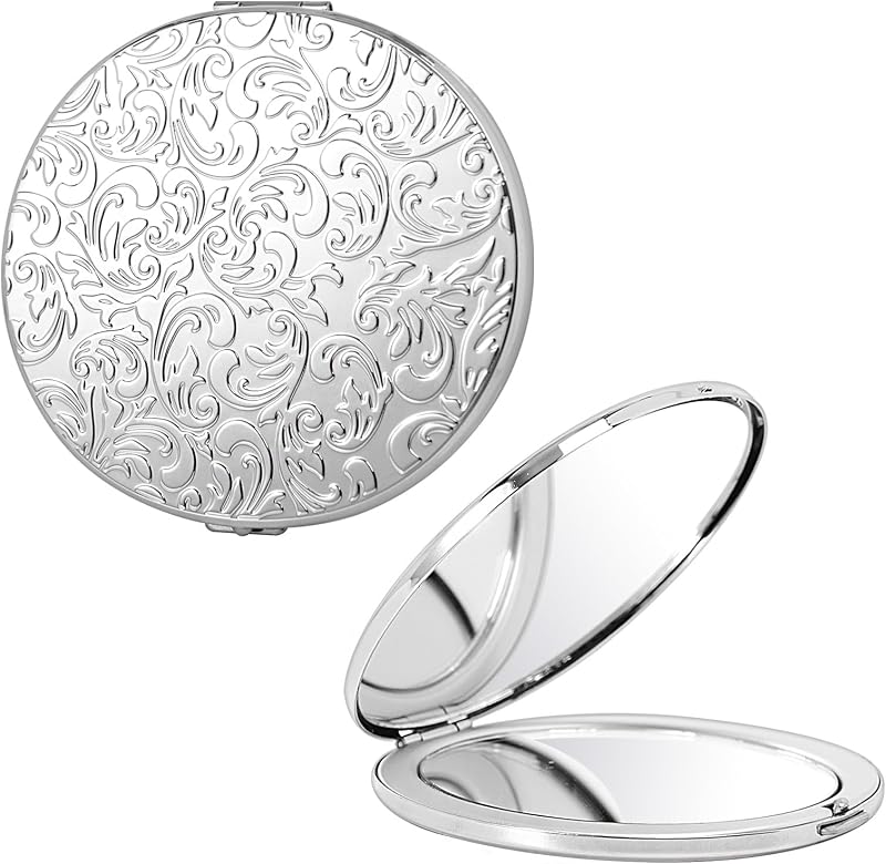 Espelho dobrável oval compacto EYIWEITING com ampliação 1X/2X, metal, padrão oval prateado