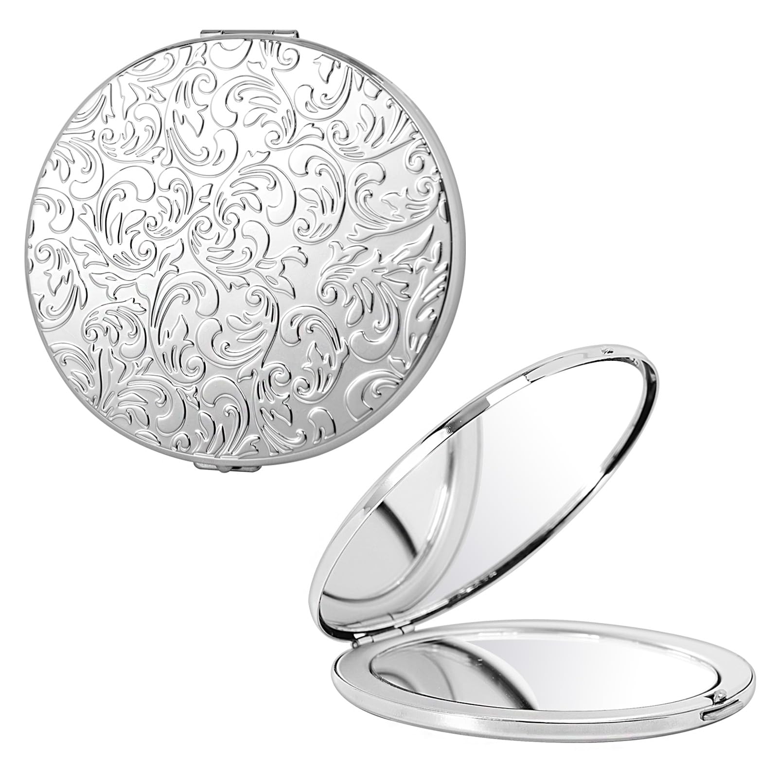 EYIWEITING Ovaler Mini-Metall-Klappspiegel, praktisch, kompakt, schön, robust und langlebig, 1X/2X Lupe. (Oval Muster Silber)