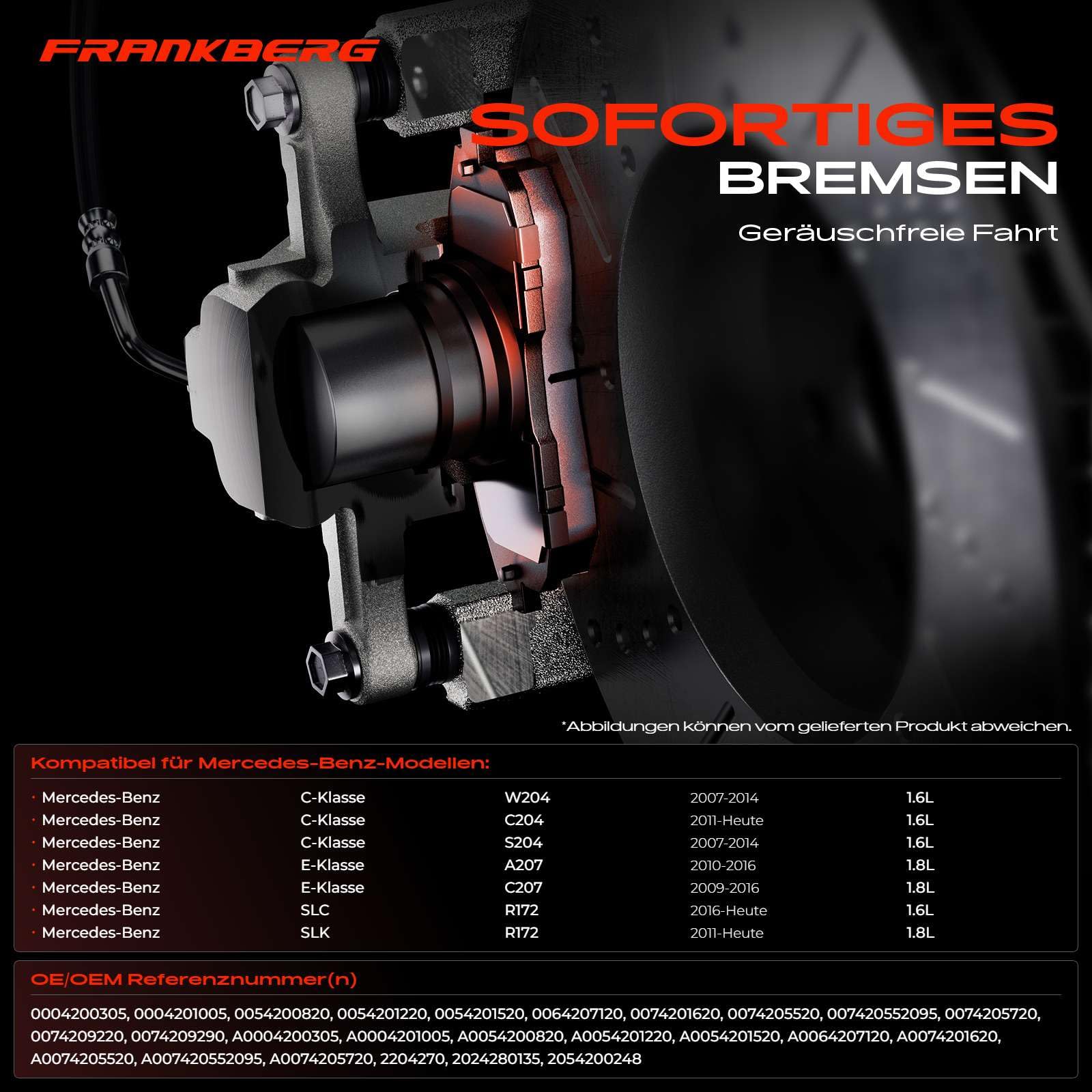 Frankberg 4 x Bremsbeläge + 2 x Bremsschlauch Vorne Kompatybilny z Klasą C W204 Coupe C204 T-Model S204 E-Klasse Cabriolet A207 Coupe C207 Zamiennik # 0054200820