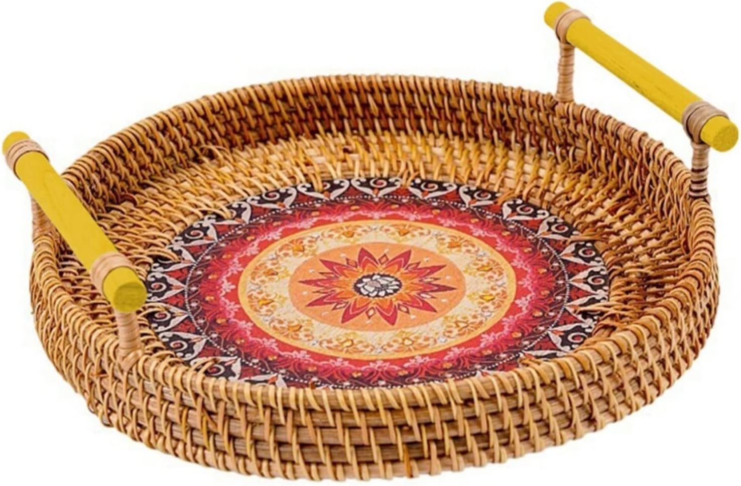Grey Tray Handwoven Rattan Storage Tray Hand-Woven Round Basket with Handle Rattan Tray Bread Fruit Food Breakfast Display Storage Tray (Color : 1) (1)