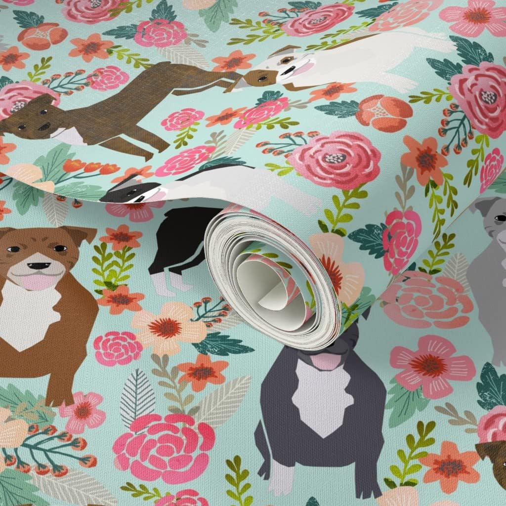 Peel & Stick Wallpaper Swatch - Floral, Pitbull Terriers, Cute, Dogs, Dog, Sweet, Animals, Florals, Mint Green, Rescue, Puppy Custom Removable Wallpaper by Spoonflower