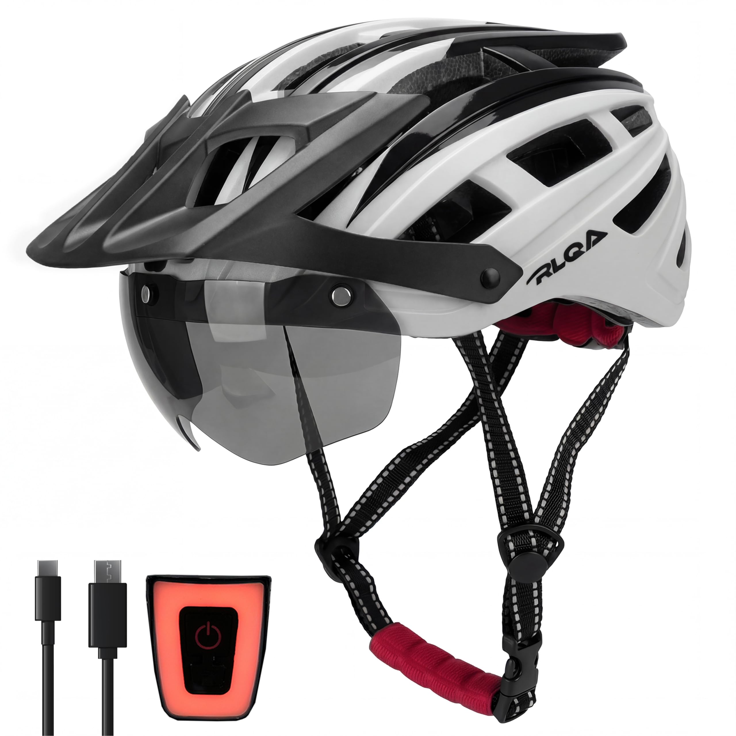 RLQA Casco da bicicletta da uomo e donna, per MTB/bici da strada con visiera magnetica rimovibile e occhiali, casco da ciclismo con 24 prese d'aria, luce posteriore a LED, casco da equitazione