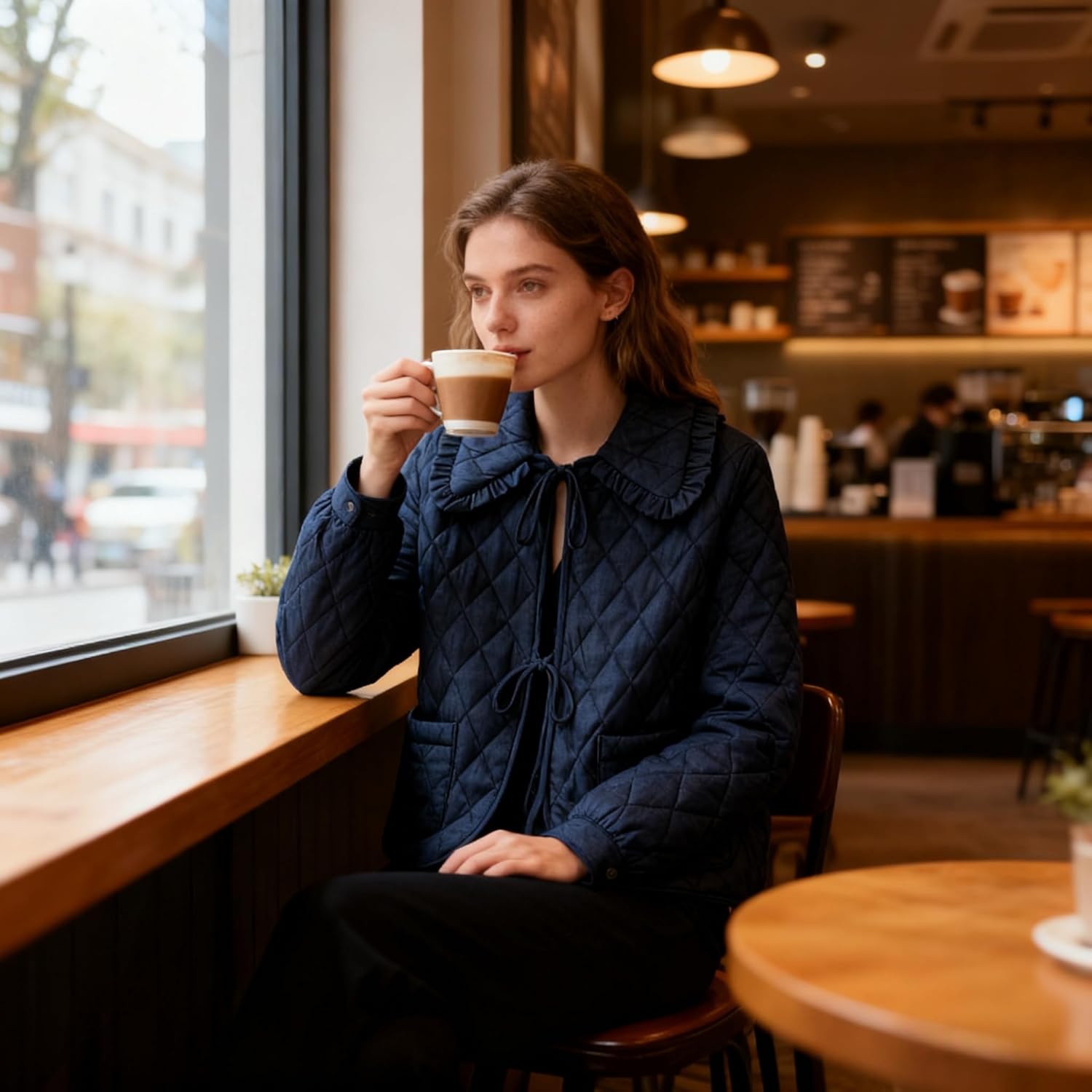 Women's Quilted Lightweight Jackets Long Sleeve Winter Cropped Cotton Padded Coat Jacket Bow Tie Puffy Outwear(Navy-XL) - Image 2