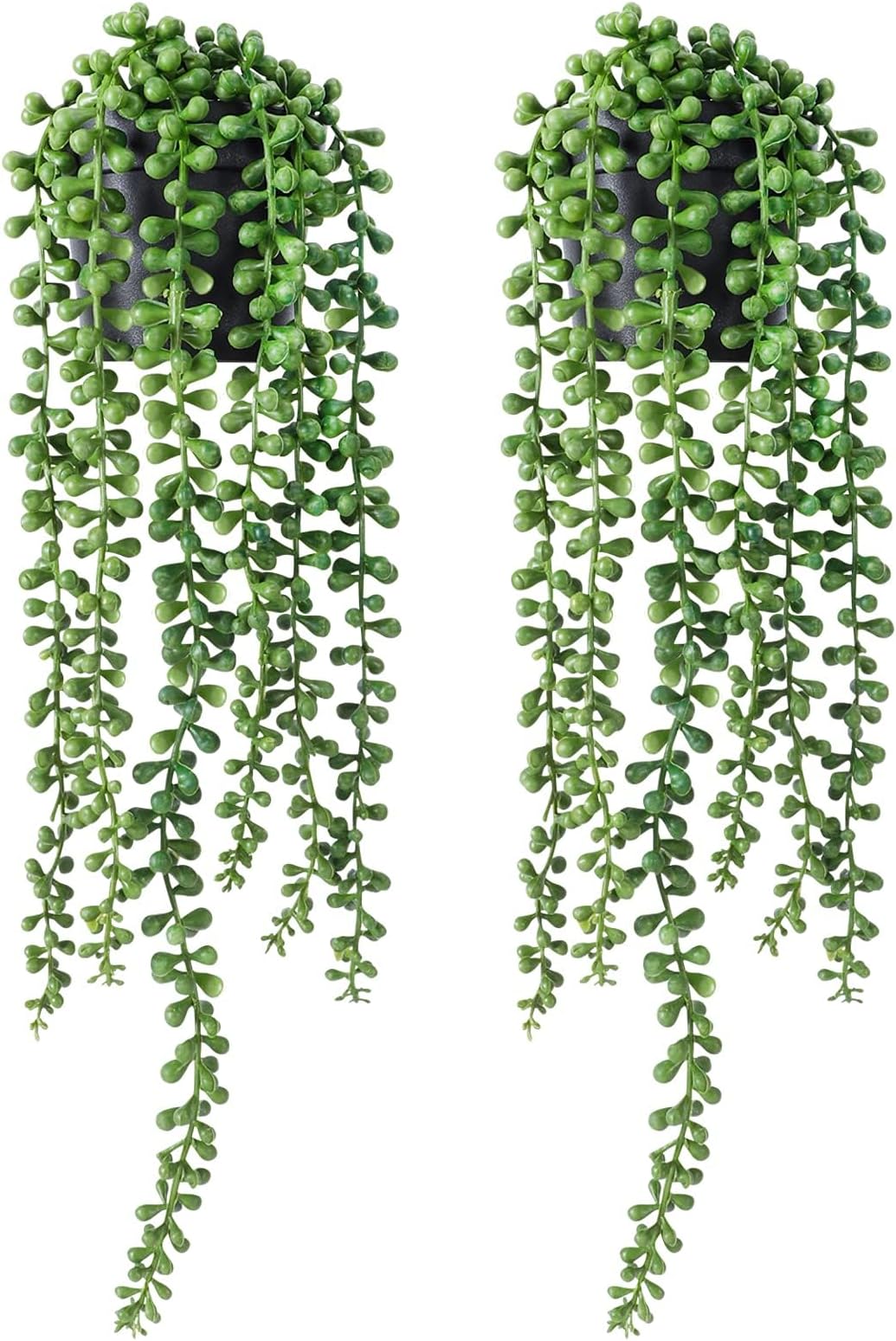 FUNARTY String of Pearls Plant Artificial, 2pcs Faux Plants Indoor in Black Pots, Realistic Green Fake Succulent Hanging Plants for Shelf Decor Desk Home Garden Decorations