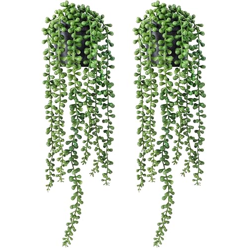 FUNARTY String of Pearls Plant Artificial, 2pcs Faux Plants Indoor in Black Pots, Realistic Green Fake Succulent Hanging Plants for Shelf Decor Desk Home Garden Decorations