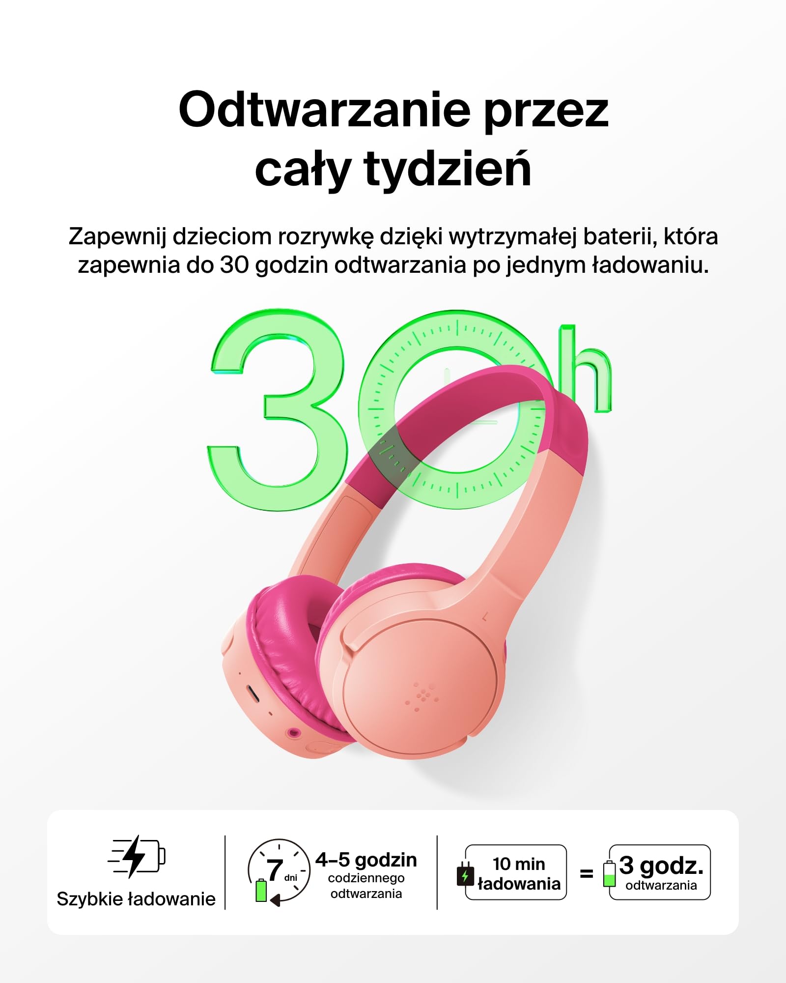 Bezprzewodowe słuchawki dla dzieci Belkin SoundForm Mini, wbudowany mikrofon, 30 h odtwarzania, z naklejkami – nauszne słuchawki do nauki zdalnej, szkoły, podróży, iPhone'a, iPada, Galaxy – różowe