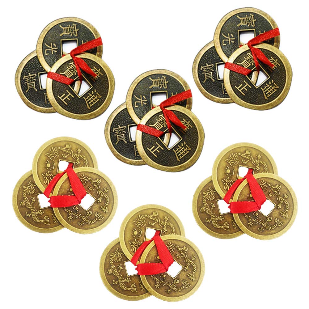 Divya Mantra Feng Shui Chinese Lucky Fortune I-Ching Dragon Coin Ornaments Wealth Charm Amulet 3 Bronze Metal Coins with Hole & Red Ribbon Knot-Good Money Luck, Decoration Charms Set of 6–Gold, Copper