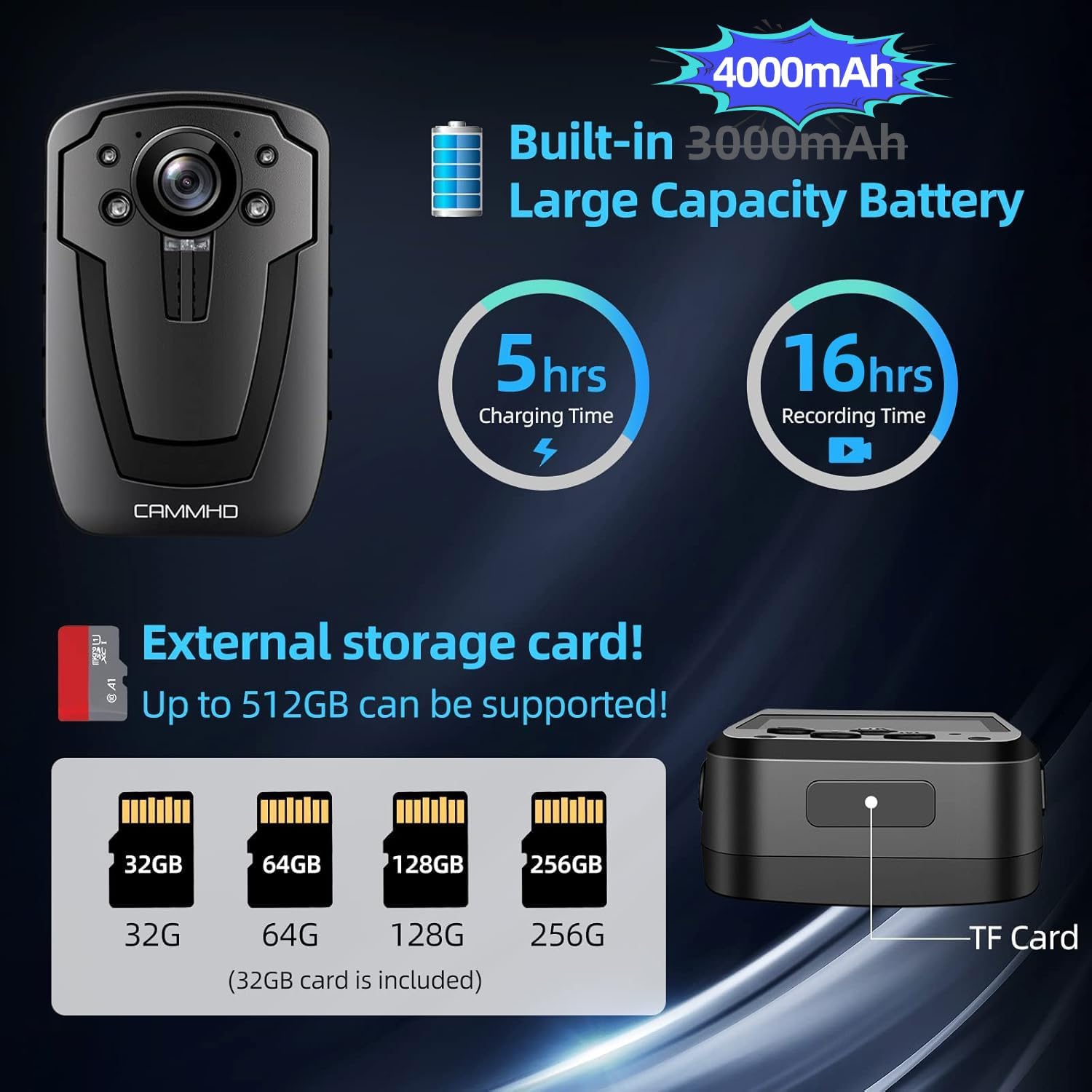 CAMMHD C8 Body Camera battery and external storage details