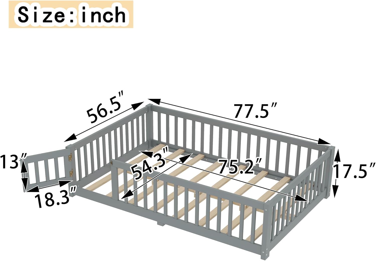 Bellemave Full Size Floor Bed Frame with Slats and Safety Guardrail, Wood Full Size Montessori Floor Bed with Door and Fence, Easy Assemble Montessori Beds for Kids, Girls, Boys, Gray