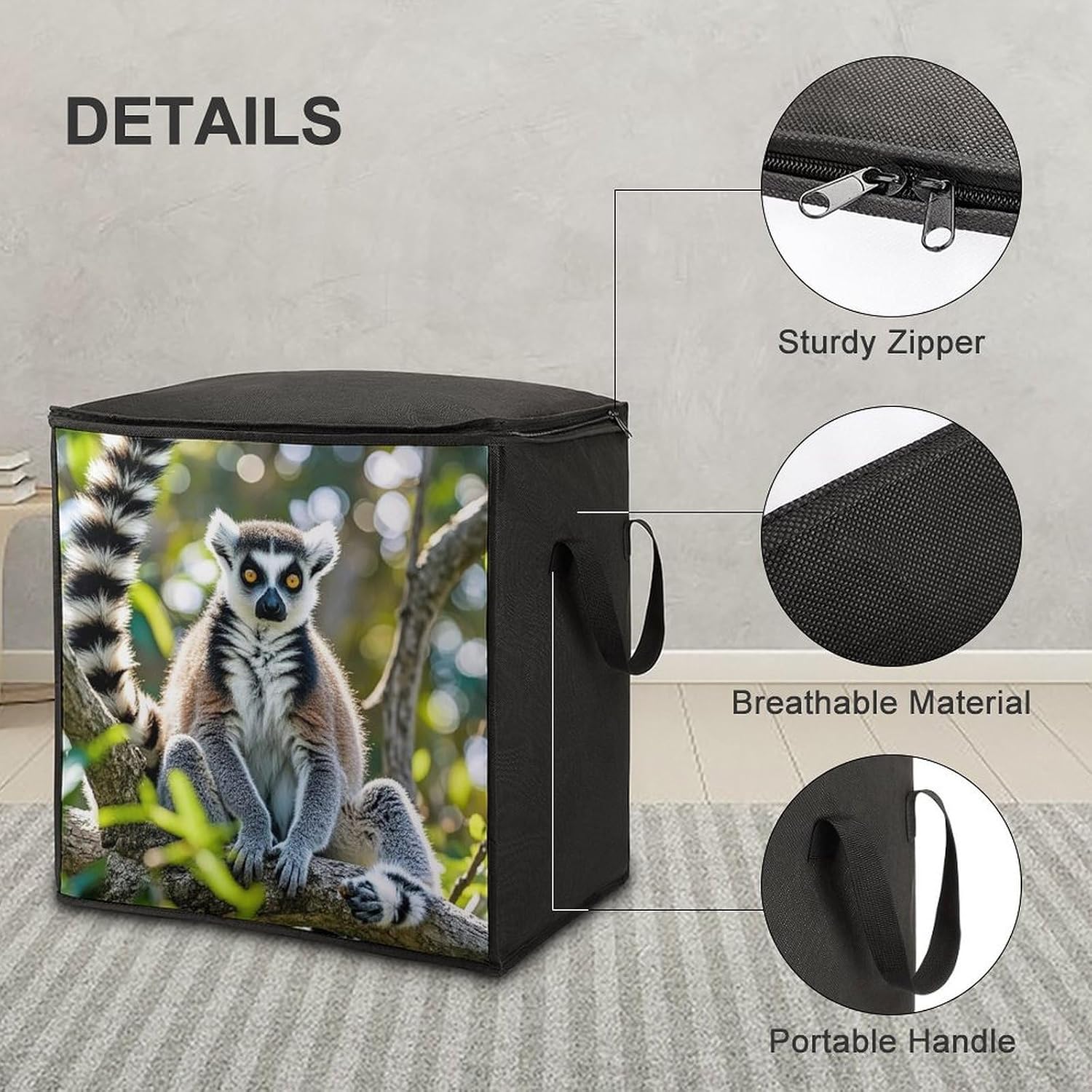 Large Ringtailed Lemur Storage Bags with Handle Foldable Closet Organizers Clothes Storage Bins Bedding Storage Containers Fabric Moving Bags Blanket Comforter Storage Bag 70L