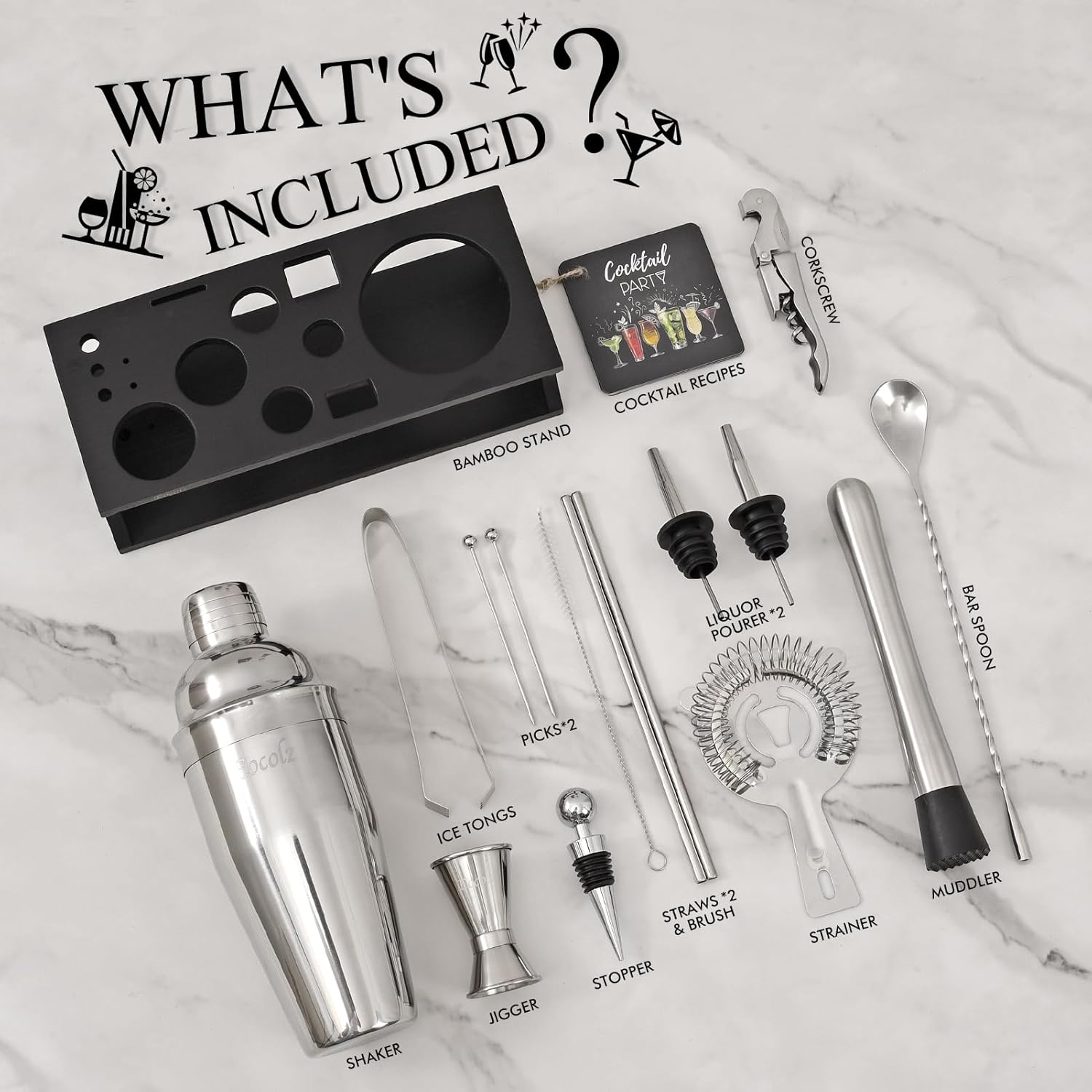 Bartender Kit Cocktail Shaker Set with Stand 17-Piece Bar Tool Bar Set for Drink Mixing Home Bartending Kit Bar Cart Accessories: Martini Shaker, Mixer Spoon, Jigger, Muddler, Strainer & Recipes Gifts