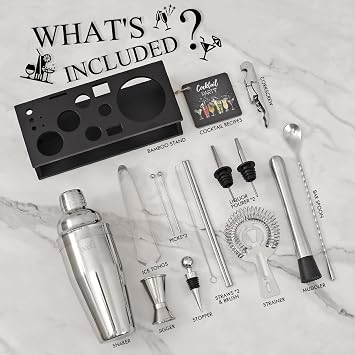 Cocktail Making Set, Cocktail Shaker Set 750ml Stainless Steel Bar Tool Set Bartender Kit with Bamboo Display Stand for Home & Bar (Black Silver - 17PCS)