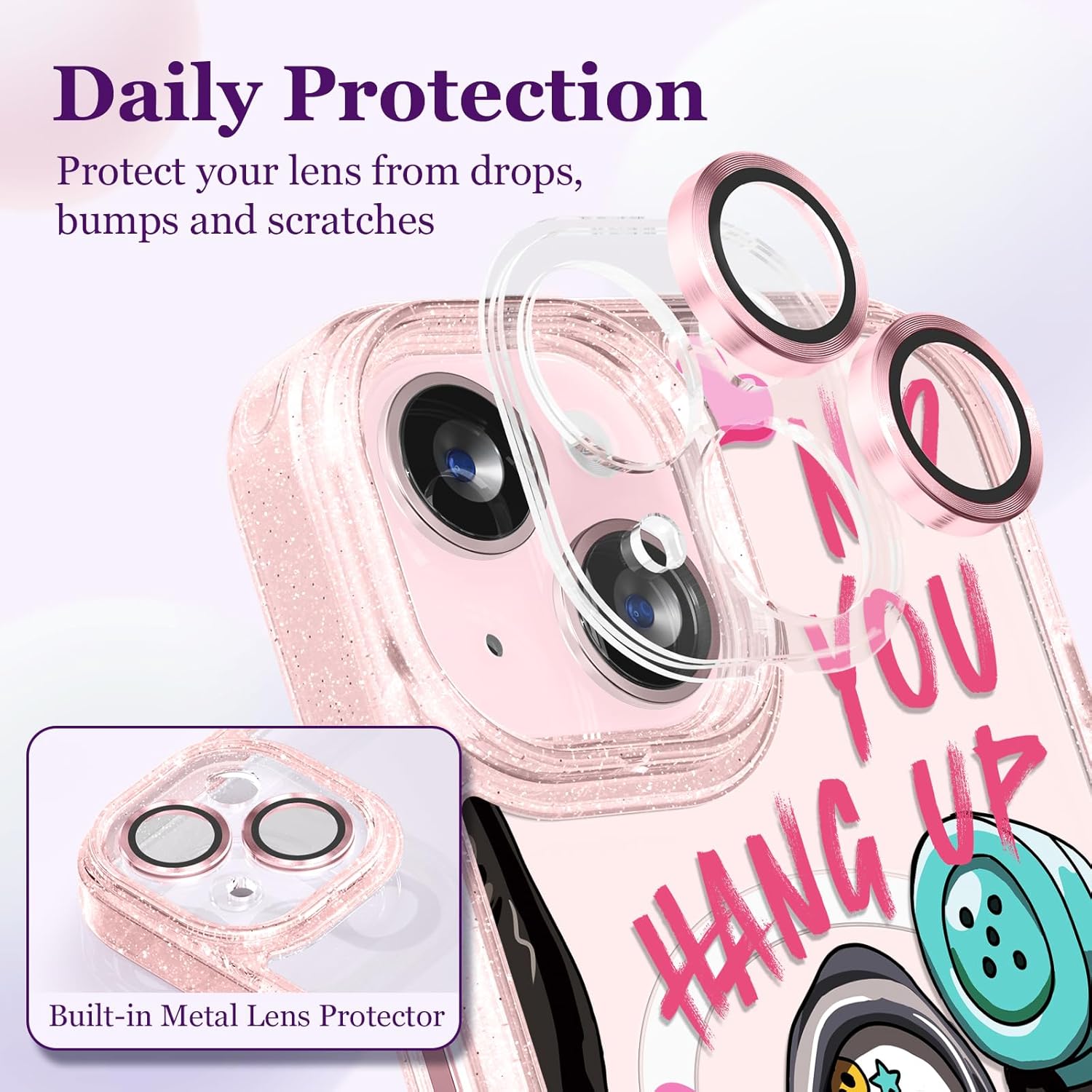 Magnetic for iPhone 15 Magsafe Case Cute Aesthetic - Glitter Pink Phone Case with Camera Protector - Girly Skeleton Skull Pattern Print Cover Design for Woman Girl 6.1"