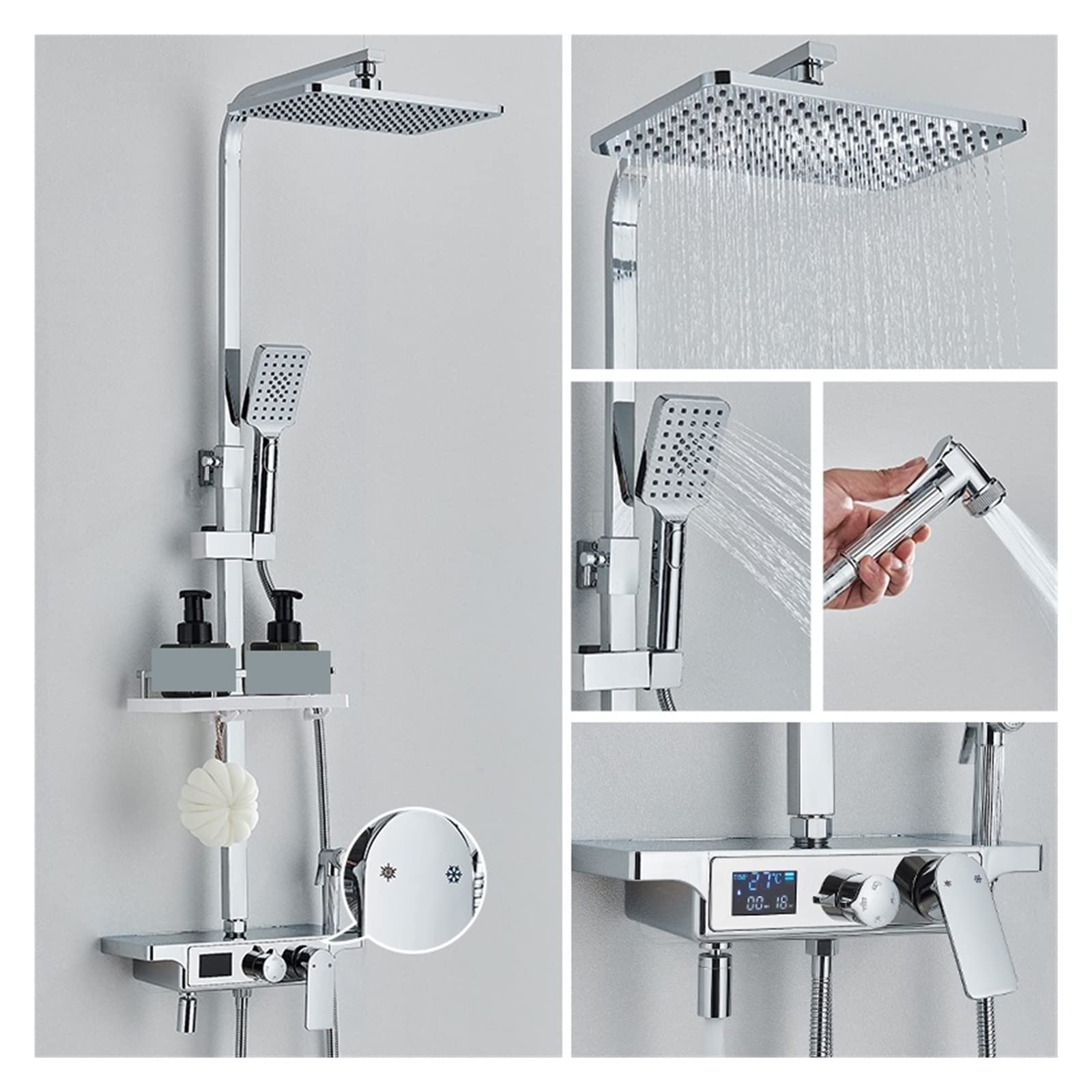 Soywim Chrome Hot Cold Shower System, Black Digital Display Shower Faucets 4-Way Thermostatic Mixer With Bidet Faucet Storage Rack Showe For Bathroom(Chrome Hot Cold)