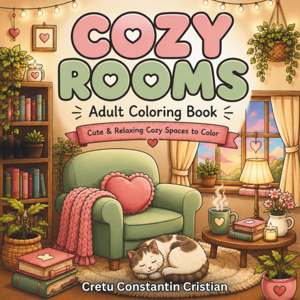 Cozy Rooms Coloring Book: Cute and Relaxing Animal Rooms, Tiny Shops, Cafés, Gardens, Bedrooms, and Everyday Cozy Scenes
