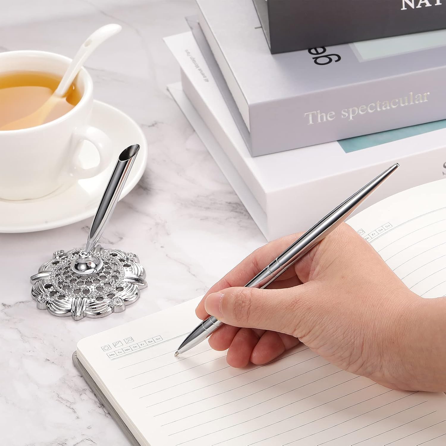 Outus 2 Pieces Wedding Pens for Guest Book Signing Pen with Metal Hollow Round Holder Stand Set for Wedding Bridal Engagement Reception Supplies(Silver) image 5