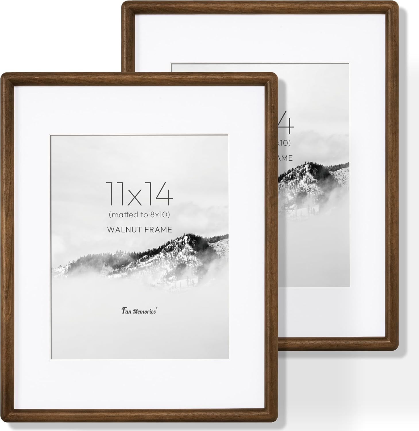 11x14 Picture Frame Set of 2, USA-Sourced Walnut Wood Photo Frame with HD Tempered Glass, Handcrafted Rounded Corner 11x14 Wooden Frame Matted to 8x10 Photos, Horizontal or Vertical Wall Display