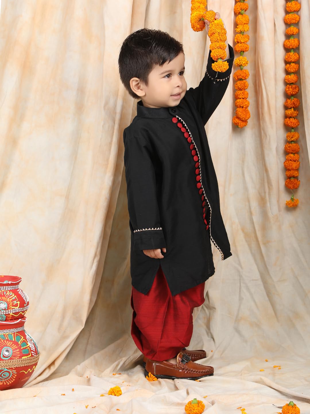 POLKA TOTS Full Sleeve Angrakha Kurta and Dhoti Set - 100% Cotton Traditional Ethnic Wear for Boys Ethnic Print | Baby Boy Kurta Pyjama for Weddings & Festivals (Black & Red, 18-24 M) 1