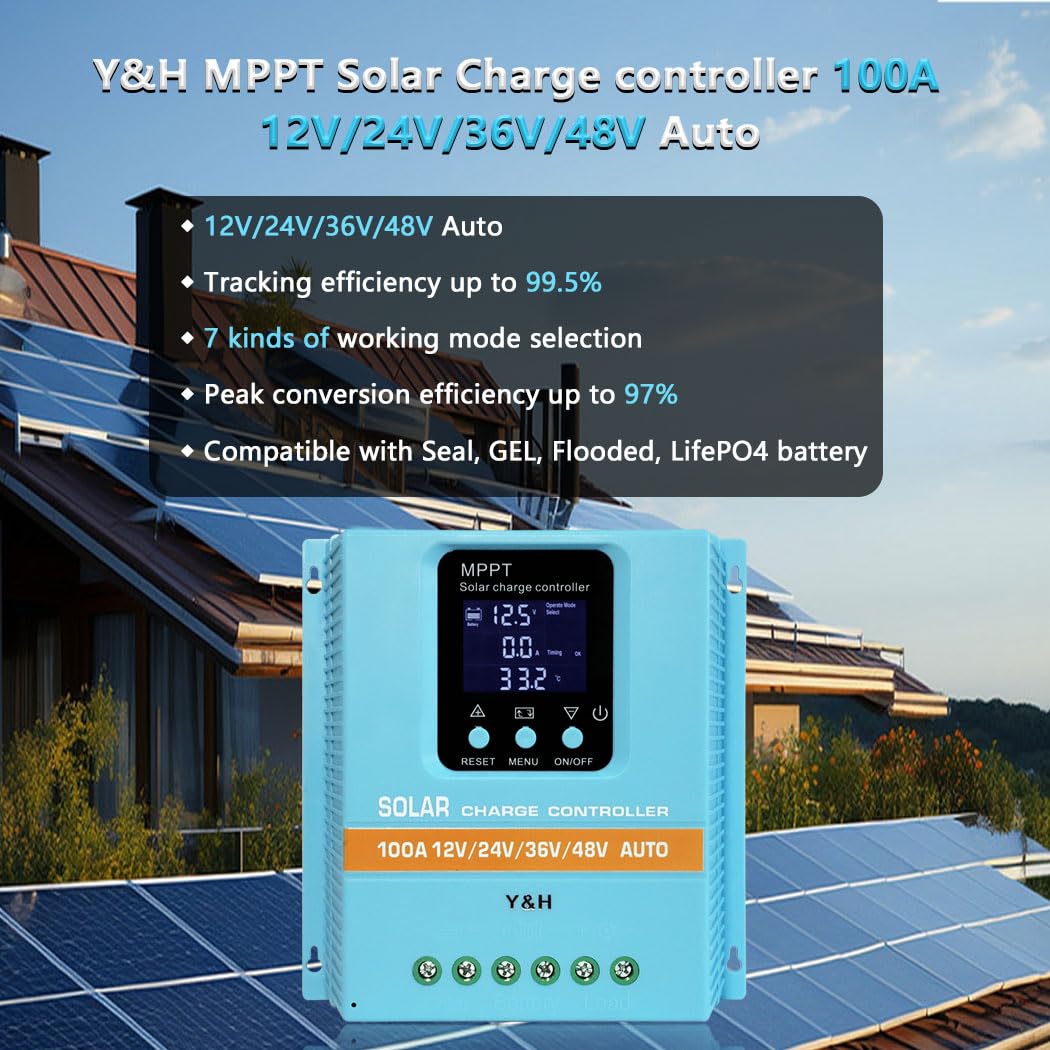 Y&H MPPT 100 A solarny regulator ładowania 12 V, 24 V, 36 V, 48 V, wyświetlacz LCD, bateria, inteligentny regulator, maks. 100 V, wejście Dual USB do kwasowo-ołowiowego/litu