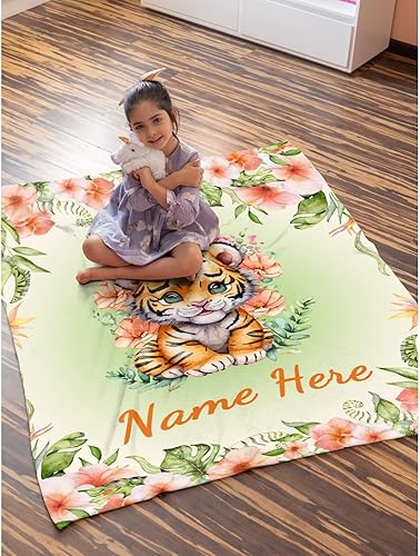 Miniatura 440 de Manta personalizada con diseño de jirafa y elefante, manta de franela suave, acogedora y ligera con nombre para sofá, cama, sofá, regalo, unisex