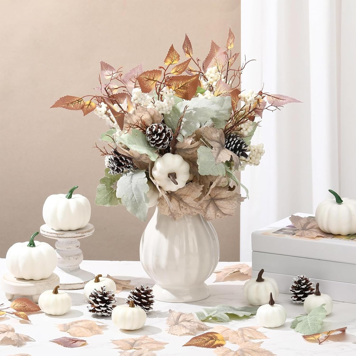 Wavwavw 6 Pcs Thanksgiving Centerpiece for Table Thanksgiving Picks and Sprays Artificial Neutral Maple Leaves Branches 14 Inches Fall Fake Pumpkin for Harvest Decoration