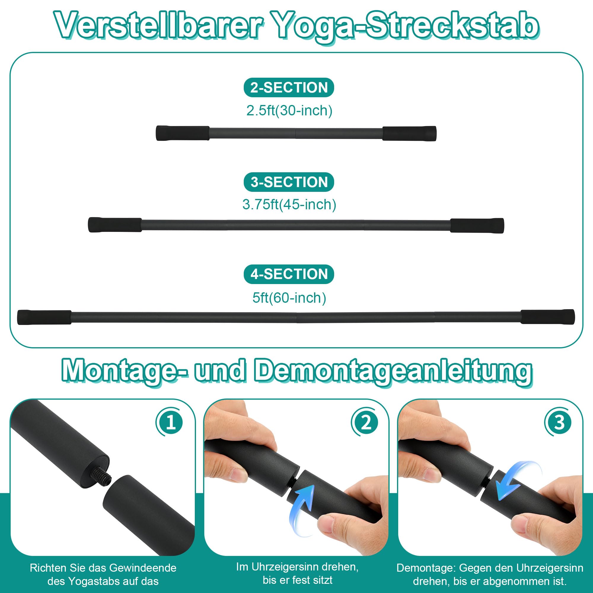 ohbien Tragbarer Yoga-Stick, Rückenstrecker verstellbar für 76-152cm, Mobilitätsstick mit 4 Stahlstangen Und 2 Schaumstoffgriffen für Yoga Fitness Physiotherapie Haltungskorrektur