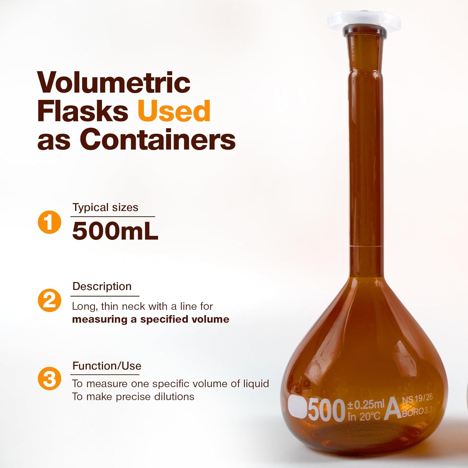 PEKYBIO 500ML Amber Volumetric Flask Set|ASTM Class A 3.3 Borosilicate Glass|Polypropylene Stopper|White Graduation|for Analytical Chemistry Work|2PCS