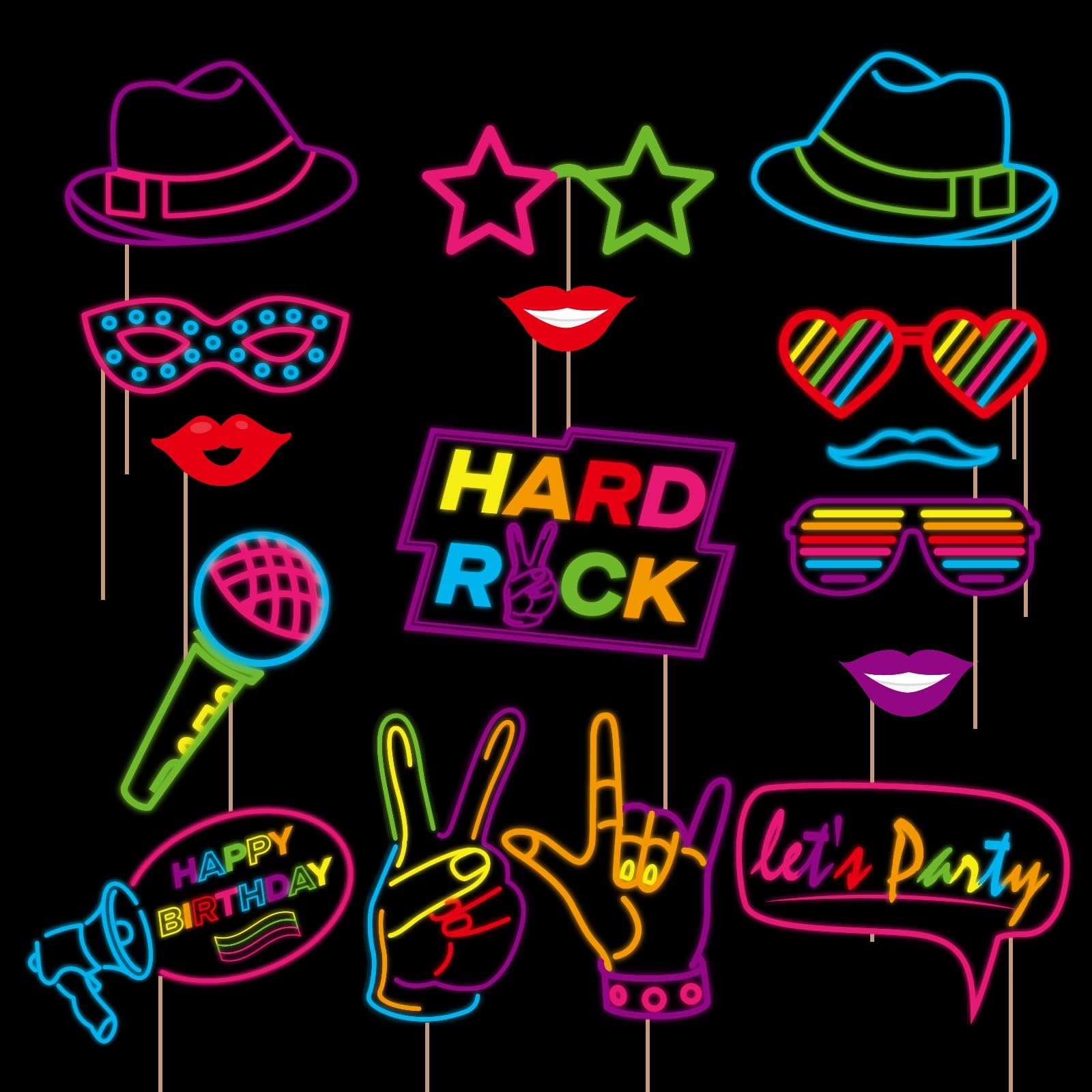 Tazweeq 16 Pcs Glow Neon Photo Booth Props, with Stick, Fluorescent Neon Party Supplies Favor Decoration, for Birthday Disco Black Light Party, Multicolor