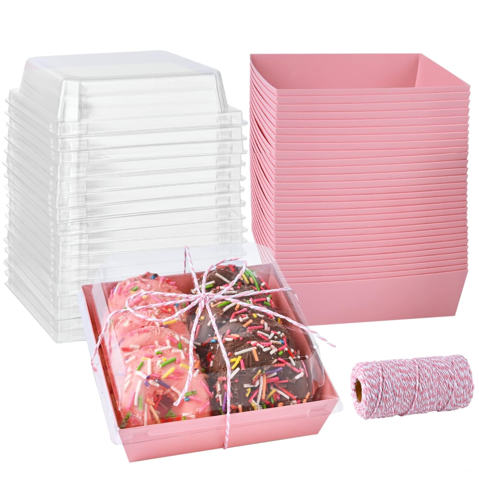 50 Pack 5 Inch Pink Paper Charcuterie Boxes with Clear Lids, Square To Go Cake Slice Containers Small Bakery Boxes for Dessert, Cookies, Sandwich, Strawberries